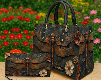 Bolso y billetera personalizados con diseño de libélula, monedero de cuero con nombre personalizado y grabado floral en 3D, estilo vintage inspirado en la naturaleza.