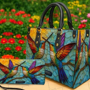 May include: A handbag and wallet set featuring a colorful hummingbird design. The bag has black handles and gold-colored hardware. The hummingbird art has vibrant colors of blue, orange, yellow, and purple. The wallet has the name "EMILY" on it.