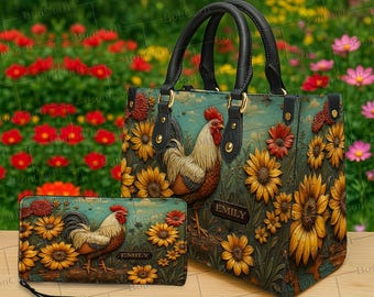 Bolso y cartera personalizados con diseño de gallo y girasol, bolso rústico con nombre personalizado, bolso campestre para mujer, regalo rústico para amantes de los pollos.