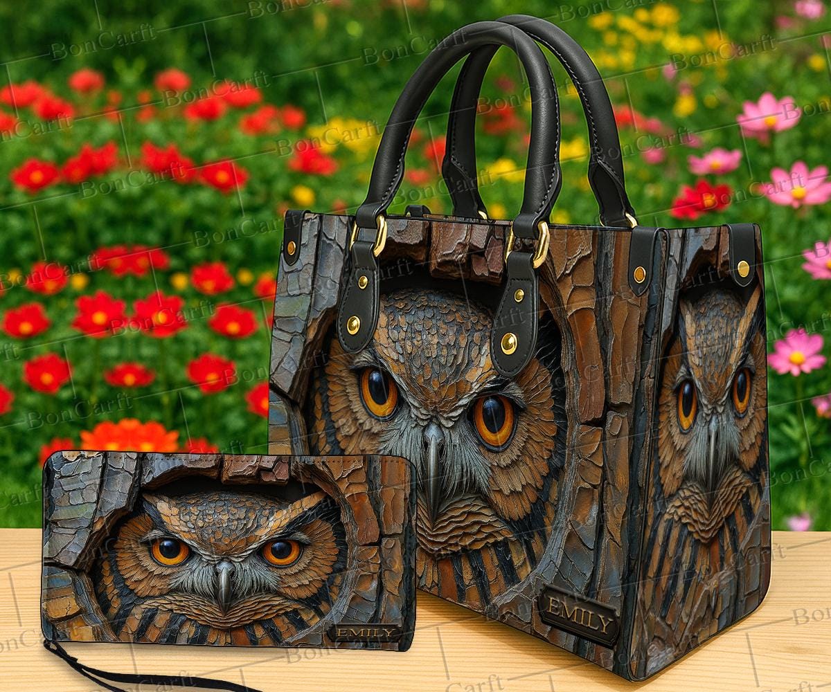 Personalized Owl Handbag & Wallet Set, Custom Name Leather Purse, Forest Tote Bag, Wildlife Art 