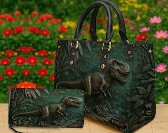 Ensemble sac fourre-tout et portefeuille personnalisé dinosaure T-Rex, sac à main de la jungle jurassique avec nom personnalisé avec motif imprimé réaliste pour les amateurs de dinosaures, cadeau