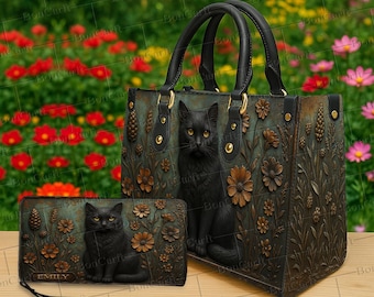 Bolso y cartera de gato negro personalizados, monedero de felino con nombre personalizado, bolso de mano vintage con diseño floral de gato, regalo único gótico para amantes de los animales.