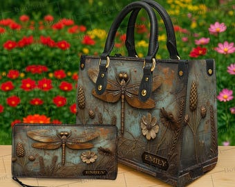 Bolso y billetera personalizados con diseño de libélula, monedero de cuero con nombre personalizado y grabado floral en 3D, estilo vintage inspirado en la naturaleza.
