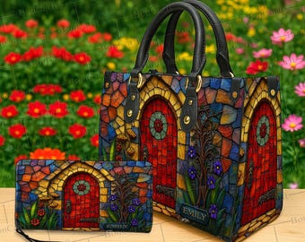 Conjunto de bolso y cartera personalizados de Hobbit Door, monedero de cuero con nombre personalizado, bolso de mano con diseño de cabaña de vidrieras, regalo de arte fantástico para mujer.