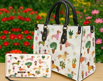 Personalisierte Dackelhandtasche & Brieftasche, Dackeltasche mit Pflanzen und Blumen, Dackeltasche, niedliches Hundemama Geschenk, benutzerdefinierte Tasche für Sie