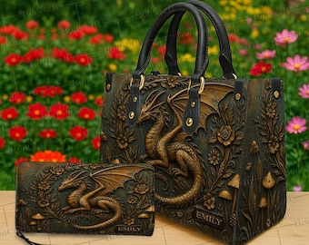 Conjunto de bolso y billetera de dragón dorado personalizado, bolso con nombre grabado, monedero gótico de fantasía, regalo de criatura mítica