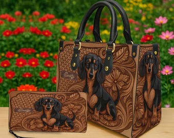 Personalized Dachshund Handbag & Wallet, Custom Pet Portrait And Name Leather Purse, Sausage Dog Tote, Gift For Dog Lovers, Halloween Gift