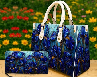 Conjunto de bolso y billetera Blue Iris personalizados, monedero floral con nombre personalizado, bolso de mano con vidrieras, elegante regalo bohemio para amantes del arte y la naturaleza.