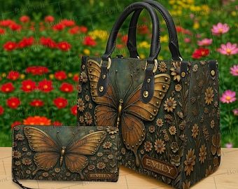 Personalized Butterfly Handbag and Wallet Set, Custom Name Tote Purse with 3D Carved Floral Engraving, Vintage Nature Lover Gift Bag