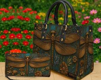 Conjunto de bolso y billetera personalizados con diseño de libélula dorada, monedero de cuero con nombre personalizado, regalo de arte botánico vintage para amantes de la naturaleza y mujeres bohemias.