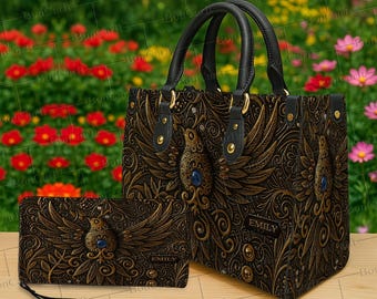 Conjunto de bolso y cartera Steampunk Phoenix personalizado, bolso de fantasía gótica con nombre personalizado, emblema alado 3D, regalo medieval