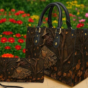 May include: A brown handbag and matching wallet set featuring a witch design. The handbag has black handles and gold-colored hardware. The witch is depicted flying on a broomstick through a forest scene. The wallet is personalized with the name "EMILY".