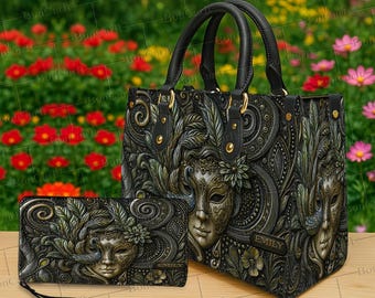 Conjunto de bolso y cartera de mascarada veneciana personalizada, bolso de fantasía gótica con nombre personalizado, regalo de máscara de arte steampunk para mujer