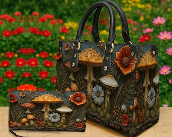 Conjunto de bolso y billetera personalizados con diseño de flor de hongo, monedero estilo cottagecore con nombre personalizado y estampado botánico, regalo para amantes de la naturaleza.