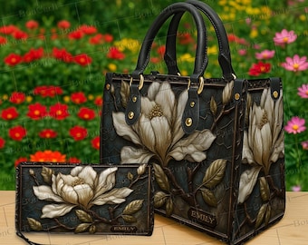 Conjunto de bolso y cartera Magnolia personalizados, monedero floral con nombre personalizado, bolso tote vintage con flores, elegante regalo bohemio para ella, bolso de cuero.