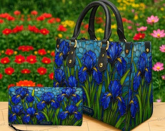 Conjunto de bolso y cartera con diseño de jardín de iris azul personalizado, monedero floral con nombre personalizado, bolso de mano con vidrieras, regalo bohemio artístico para amantes de la naturaleza.