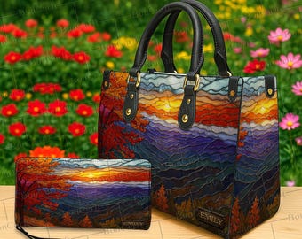 Conjunto de bolso y billetera personalizados con diseño de atardecer, monedero de cuero con nombre personalizado, bolso tote con vitrales de montaña, regalo artístico de paisaje natural para mujer.