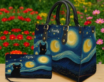 猫好きの方へのパーソナライズされたハンドバッグ＆ウォレット、星空のアート入り黒猫財布、ゴッホ風トートバッグ（彼女へのギフト）、アーティスティックなバッグ