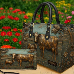 May include: A handbag and wallet set with a cow theme. The handbag has black handles and a detailed embossed design of cows in a field. The wallet and handbag both have the name "EMILY" on them. The background is a blurred image of flowers.