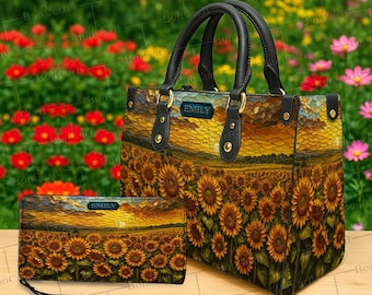 Personalized Sunflower Handbag & Wallet Set, Custom Name Floral Purse, Stained Glass Tote Bag, Nature Gift for Women, Boho Art Bag