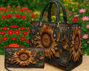 Personalized Rustic Sunflower Tote Bag & Wallet Set, Custom Name Leather Purse, Vintage Floral Handbag Gift for Boho Women and Nature Lovers