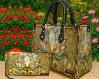 Conjunto de bolso y cartera de loto dorado personalizado, monedero espiritual místico, bolso tote de geometría sagrada, regalo bohemio personalizado para amantes del yoga.