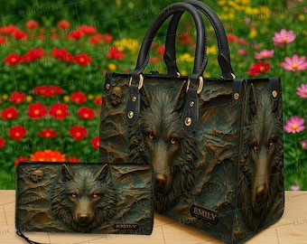 Conjunto de bolso y billetera de lobo personalizado, monedero de lobo salvaje con nombre personalizado y diseño impreso realista para amantes de los animales.