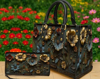 Personalized Wildflower Handbag & Wallet, Custom Name Embossed Floral Purse, Rustic Nature Bag, Boho Vintage Gift for Women