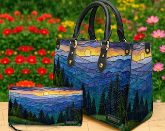 Conjunto de bolso y billetera de montaña personalizados, monedero de cuero con nombre personalizado, bolso de mano con paisaje de bosque con vidrieras, regalo de arte natural para mujer.