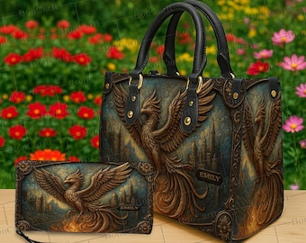 Conjunto de bolso y cartera de piel de fénix personalizados, monedero con pájaro de fuego y nombre personalizado, bolso de mano con castillo de fantasía, regalo de arte mítico del renacimiento para mujer.