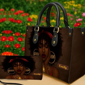 Pode incluir: Um conjunto de bolsa marrom e carteira combinando. A bolsa tem alças pretas e ferragens douradas. Ambos os itens apresentam um retrato de uma mulher com a palavra "Queen" e o nome "Emily". O fundo é um arranjo floral desfocado.