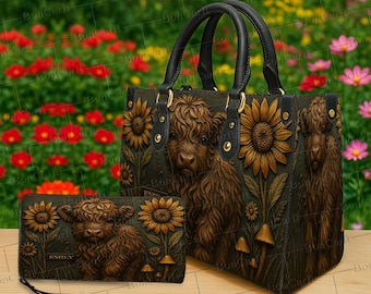 Ensemble sac fourre-tout et portefeuille personnalisé vache Highland, sac à main tournesol nom personnalisé, cadeau cow-girl western rustique, sac à main style ferme