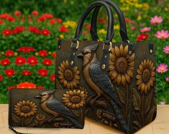 Conjunto de bolso y cartera personalizados con diseño de arrendajo azul, bolso de girasol con nombre personalizado, regalo 3D para amantes de las aves, bolso rústico con diseño de naturaleza campestre, arrendajo azul