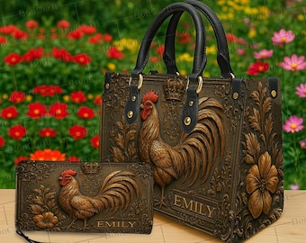 Personalized Rooster Handbag & Wallet, Custom Name Farm Animal Purse, Rustic Country Tote with Royal Crown, Unique Gift for Women