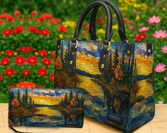 Conjunto de bolso y billetera personalizados con diseño de atardecer en el lago, monedero de cuero con nombre personalizado, bolso de mano con diseño de cabaña de vitrales, regalo de arte natural para mujer