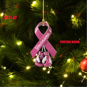 Personalisierte Brustkrebs Ornament Bewusstsein Geschenke, rosa Boxhandschuhe Band, kundenspezifische Brustkrebs Verzierung, Krebs Band Verzierung