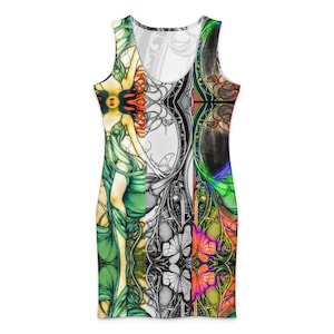 May include: Sleeveless dress with a vibrant, artistic design. The dress features a collage of images, including a woman in a flowing green gown, black and white floral patterns, and colorful abstract elements. The overall aesthetic is a blend of fantasy and art.