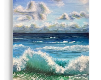 May include: An acrylic painting of a seascape featuring a bright blue sky with fluffy white clouds. The ocean transitions from deep blue to turquoise as waves crash onto a sandy shore. The artwork captures the movement and energy of the sea.