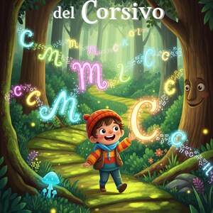 May include: A colourful illustration shows a child in a forest path, reaching for a glowing letter 'C'. The image features the text "La Magia del Corsivo" and other illuminated letters, with a vibrant, colourful aesthetic.