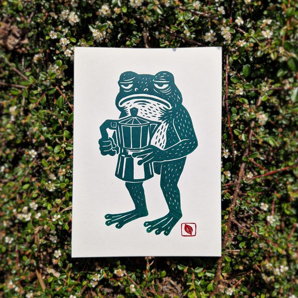 Linocut Frogspresso / A4 Hand-Printed on Paper / Modern Nature Print of Frog with Coffee Espresso Machina in Green