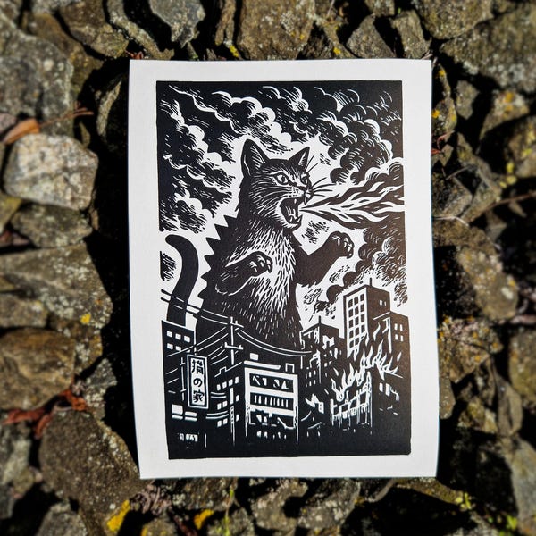 Linocut Fiery Catzilla / A4 Hand-Printed on Paper / Cat Godzilla in Japanese City Modern Black Print