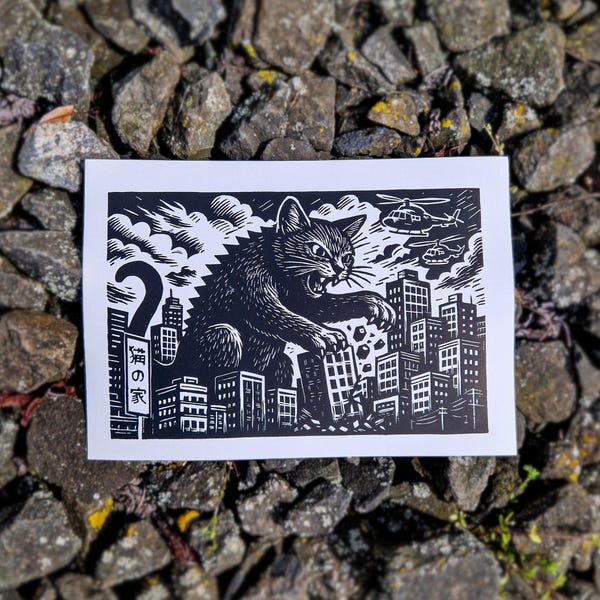 Linocut Raging Catzilla / A4 Hand-Printed on Paper / Cat Godzilla in Japanese City Modern Black Print