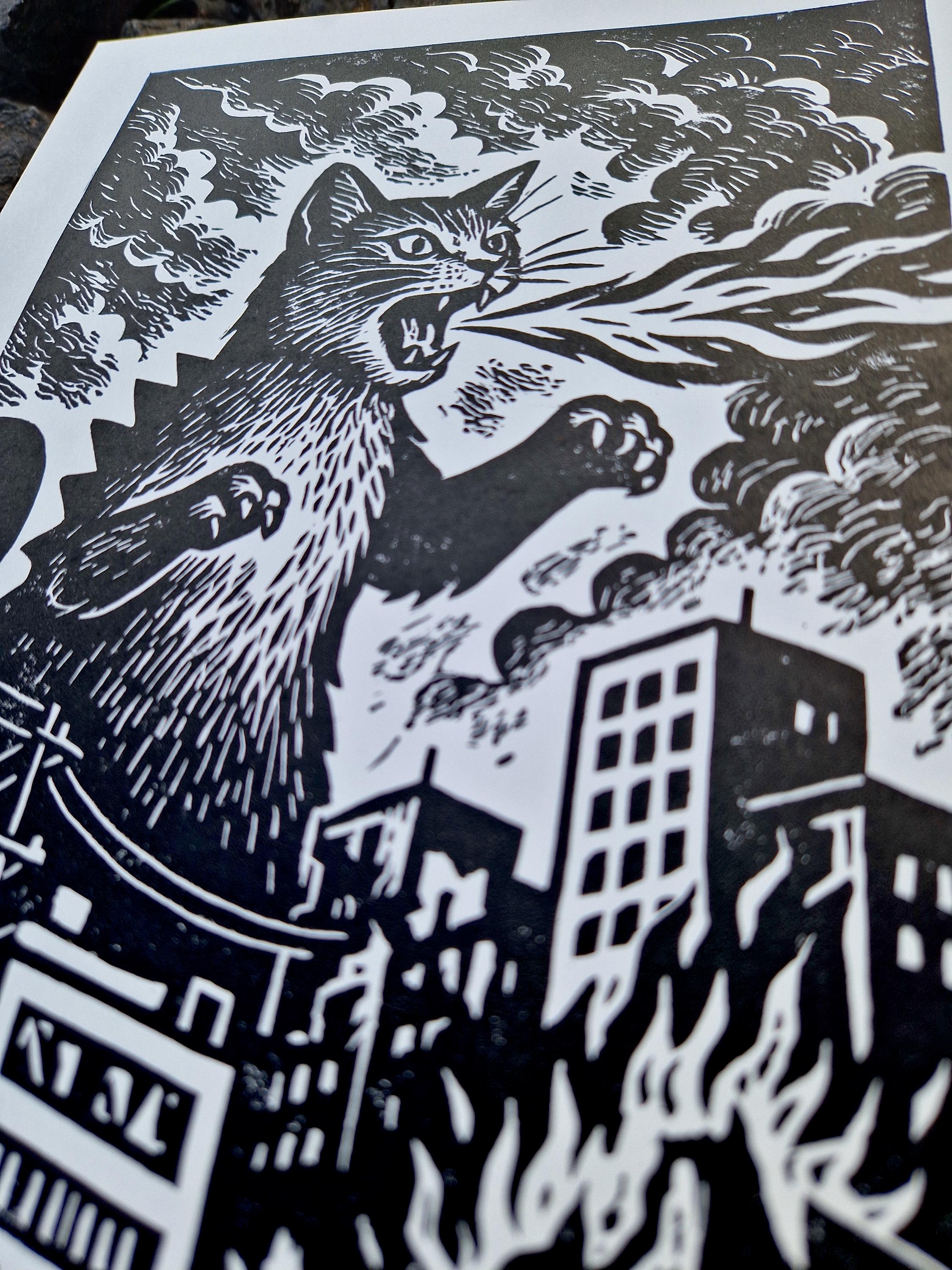 Linocut Fiery Catzilla / A4 Hand-printed on Paper / Cat Godzilla in ...