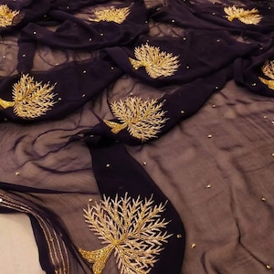 Bollywood Designer Party wear Chiffon Floral Handwork Saree, with Unstitch Blouse, Handcrafted Chiffon Saree - Perfect for Special Occasions