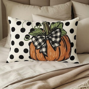 Buffalo Plaid Pumpkin Pillow with Black Polka Dots, Fall Farmhouse Throw Pillow, Gingham Bow Autumn Decor Cushion for Thanksgiving Display