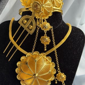 Ethiopian habesha Eritrean gold jewelry set necklace bracelet ring and earrings hair pin headpiece middle eastern design african gold
