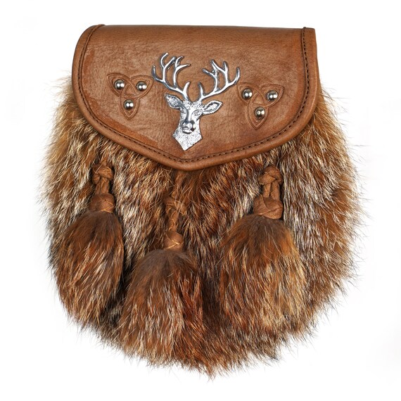 Handcrafted Scottish Leather & Fur Sporran with Silver Stag Emblem | Highland Kilt Accessory for Men | Traditional Celtic Design