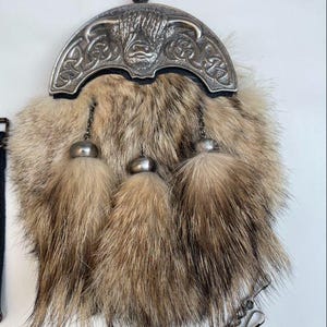 Scottish Full Dress Kilt Sporran Black Leather with Coyote Fur Highland Cow Cantle Handmade Sporran Highland Accessory Bag with chain strap