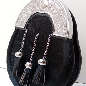 Scottish Full Dress Kilt Sporran – Black Fur with Silver Cantle, 3 Tassels & Chain Strap – Highland Accessory Bag with chain strap