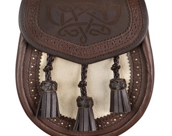 Sporran escocés de cuero marrón y piel con diseño de nudo celta / Accesorio de kilt de las Highlands hecho a mano para hombre / Sporran celta tradicional